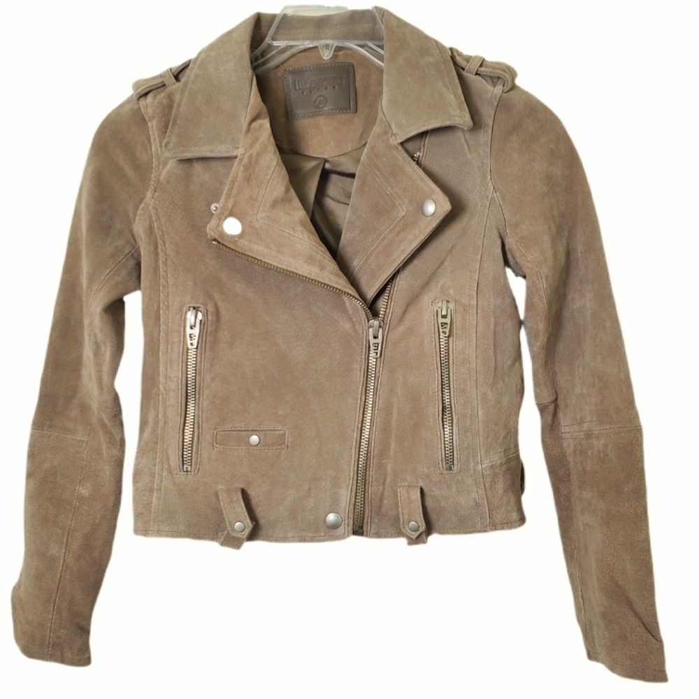Blank NYC Genuine Leather Moto Jacket XS Tan Brown Suede Asymmetrical Zip Crop